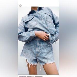 ZARA Light Blue Speckled Denim Jacket and shorts shirt size M shorts size 42.